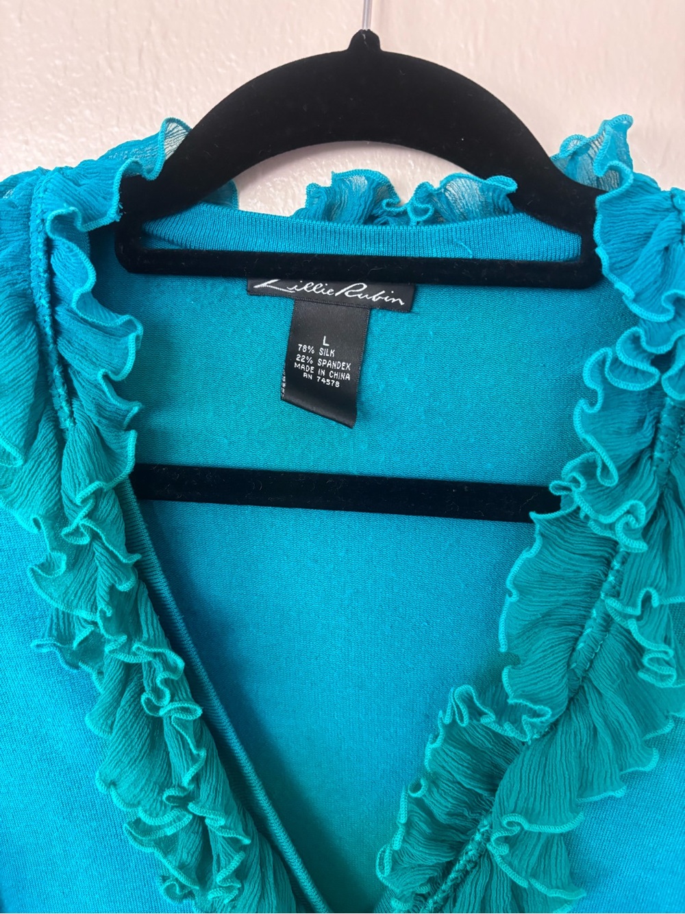 SILK Lillie Rubin Teal Ruffle-Trim V-Neck Top